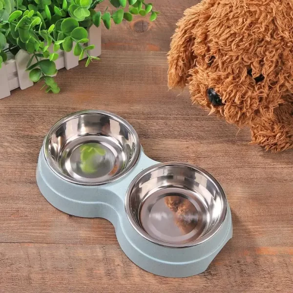 Dog Double Bowl Puppy Food Water Feeder Cute Stainless Steel Pets Drinking Dish Feeder Pets Supplies Feeding Dishes Dogs Bowl - Image 2
