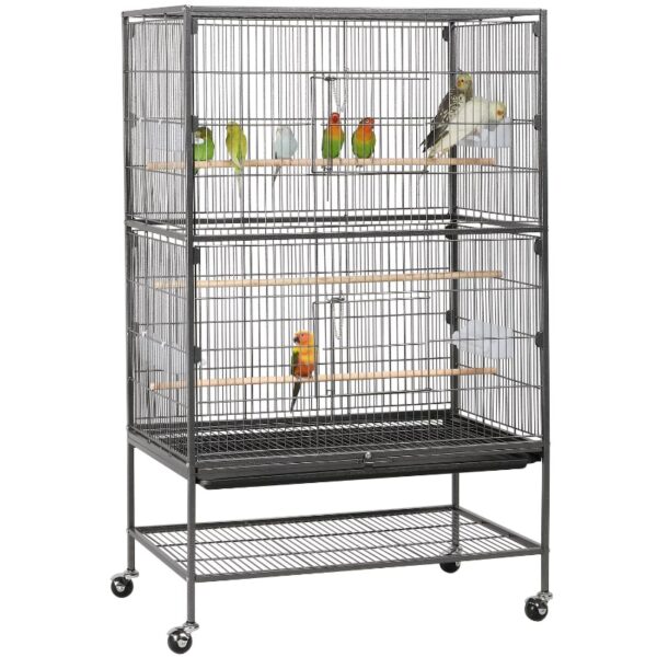 Large Rolling Bird Cage with 3 Perches, 4 Feeders, and Extra Storage Shelf,