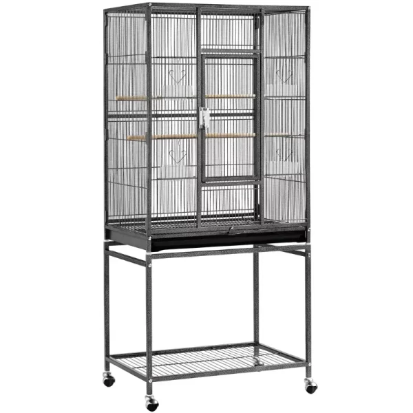 53.7'' Metal Rolling Bird Cage with Stand, 4 Feeding Bowls, and 2 Perches, Black