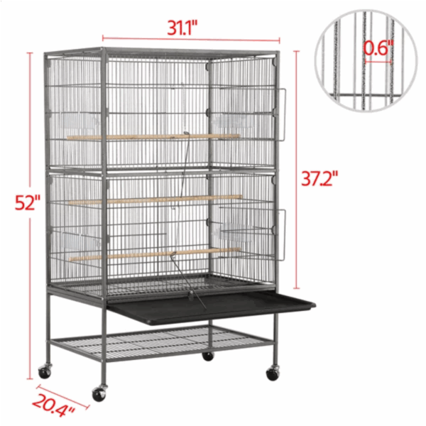Large Rolling Bird Cage with 3 Perches, 4 Feeders, and Extra Storage Shelf, - Image 5